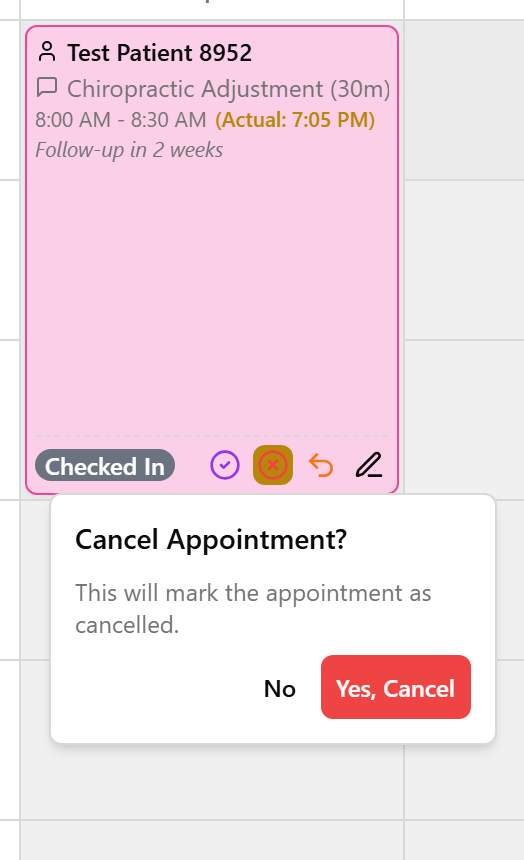 The Cancel Appointment? confirmation popover with the Yes, Cancel button.