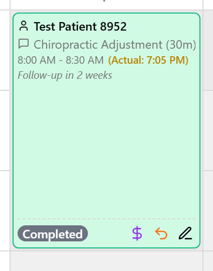 A completed (green) appointment card with the purple dollar-sign Check Out button.