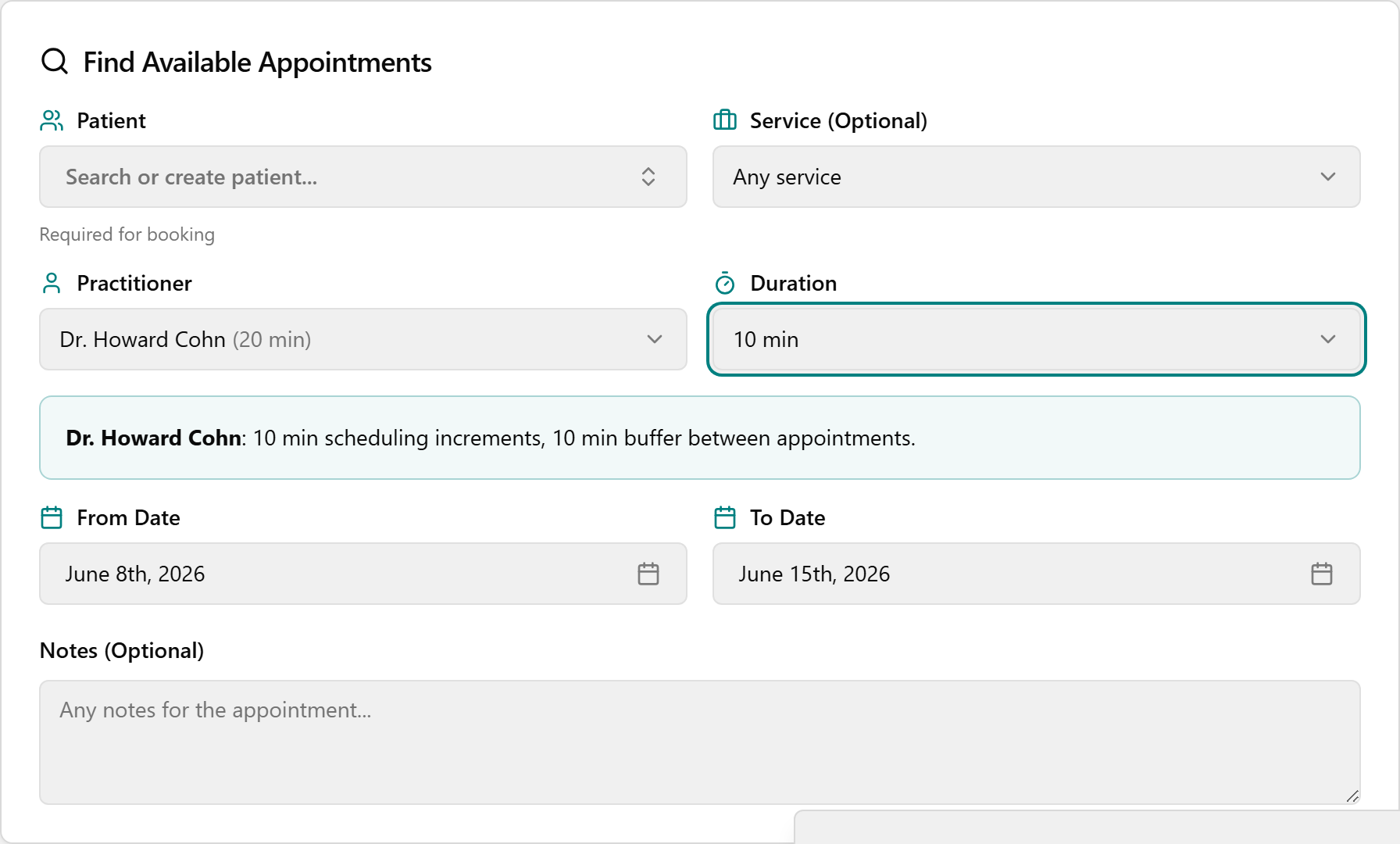 The Find Available Appointments form with practitioner, duration, and a date range filled in.