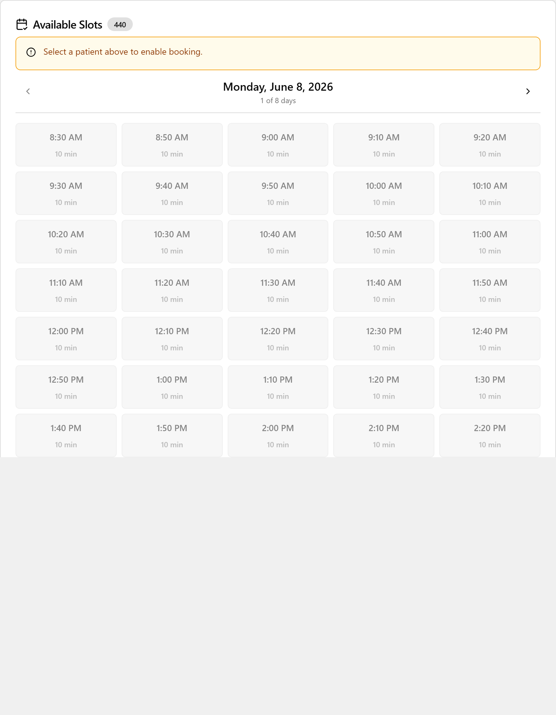 The Available Slots area showing a grid of bookable time buttons.