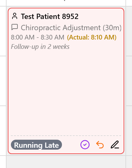 The appointment card after confirming, now red for running late.
