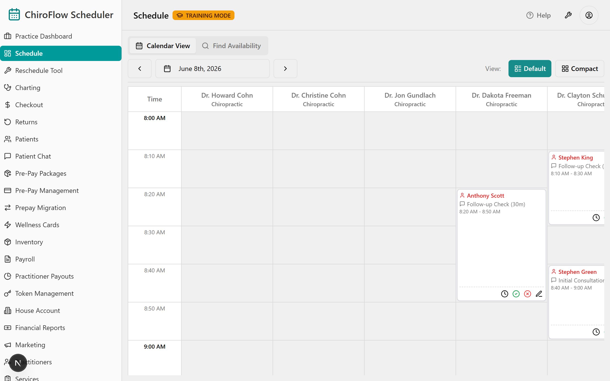 The Schedule board in Default view: Time down the left, one column per practitioner.