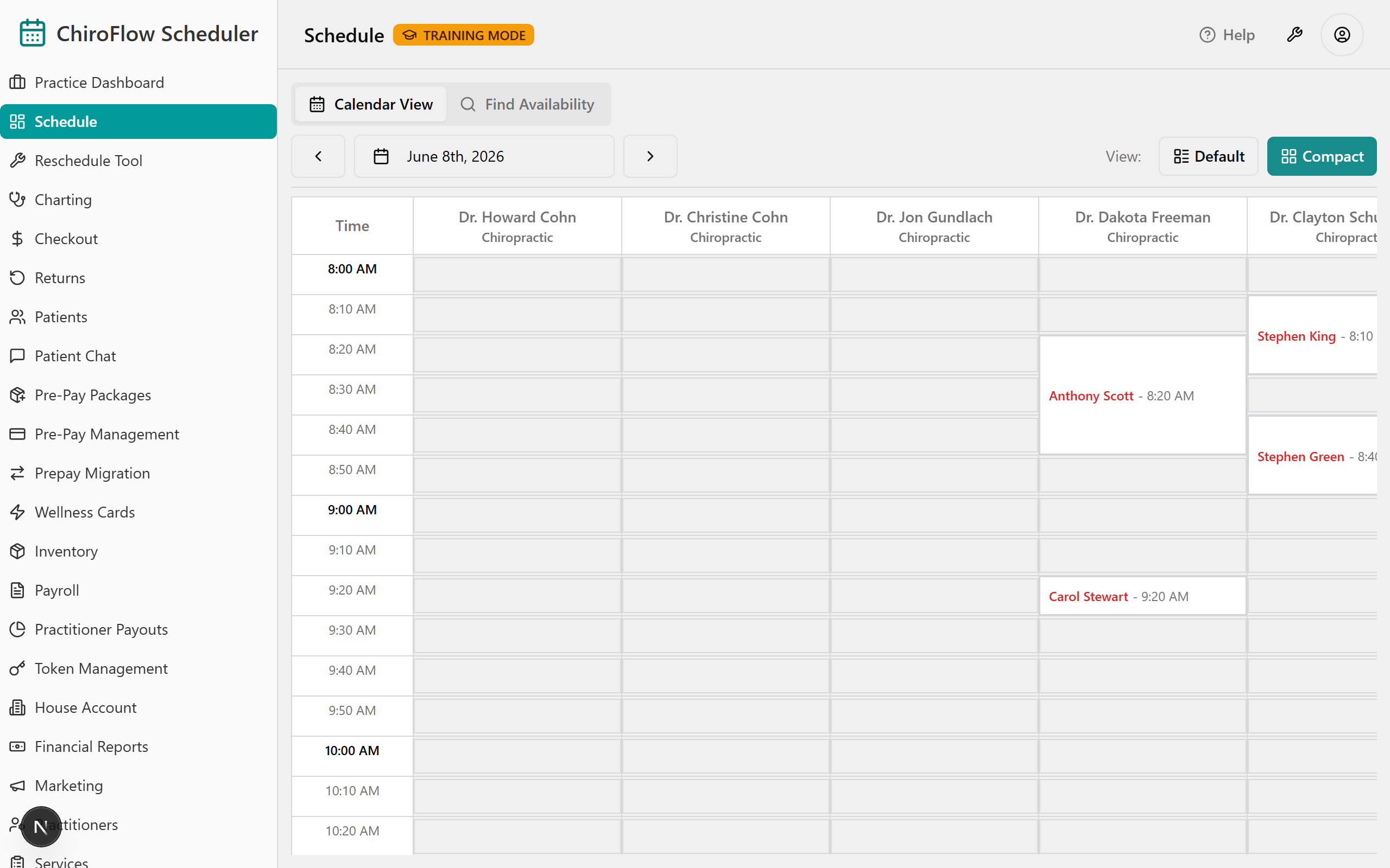 The same day in Compact view, showing the denser appointment blocks.