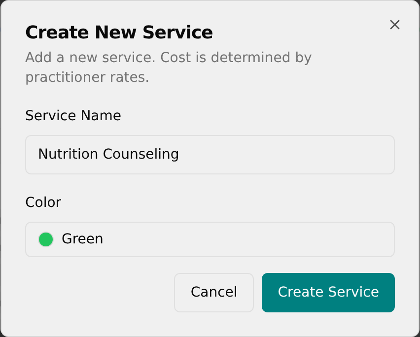 Create New Service dialog with a name typed and color chosen