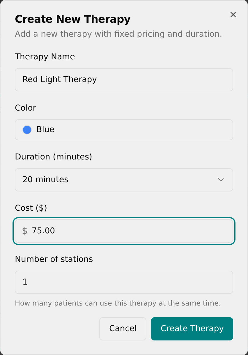 Create New Therapy dialog with name, duration, and cost filled in