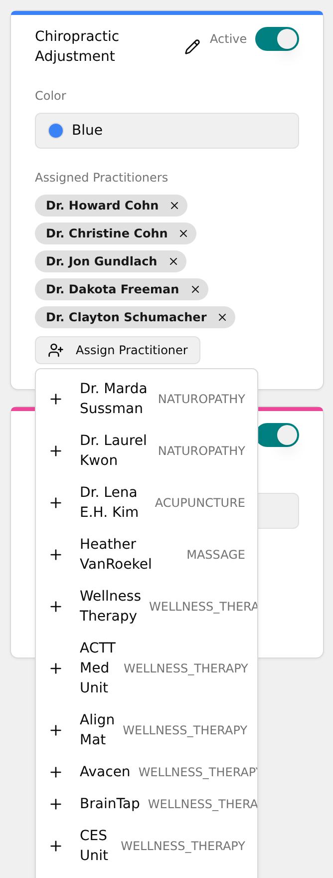 Open Assign Practitioner dropdown listing practitioners