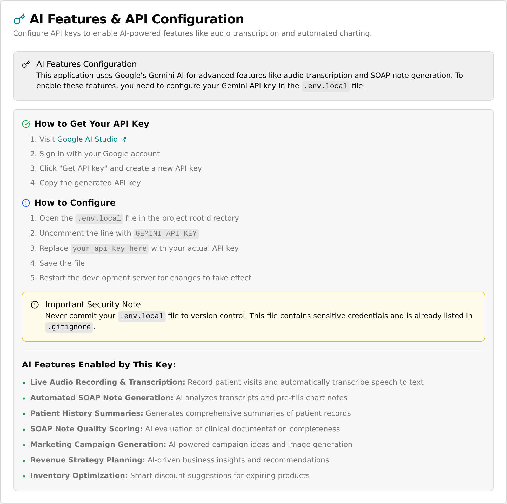 AI Features & API Configuration card with the two numbered instruction lists