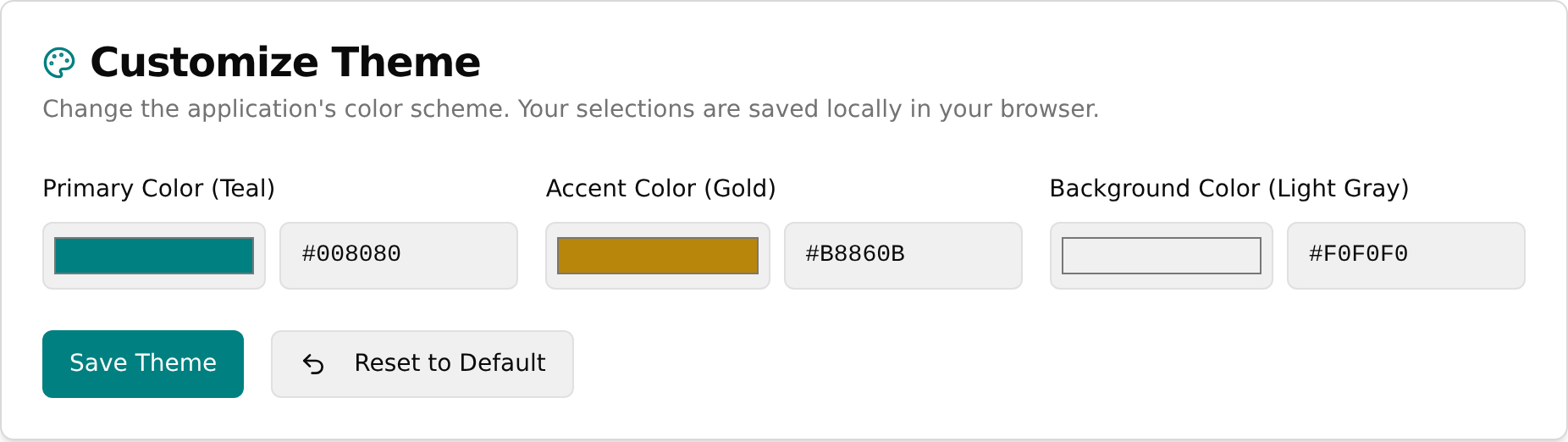 Customize Theme panel with three color pickers