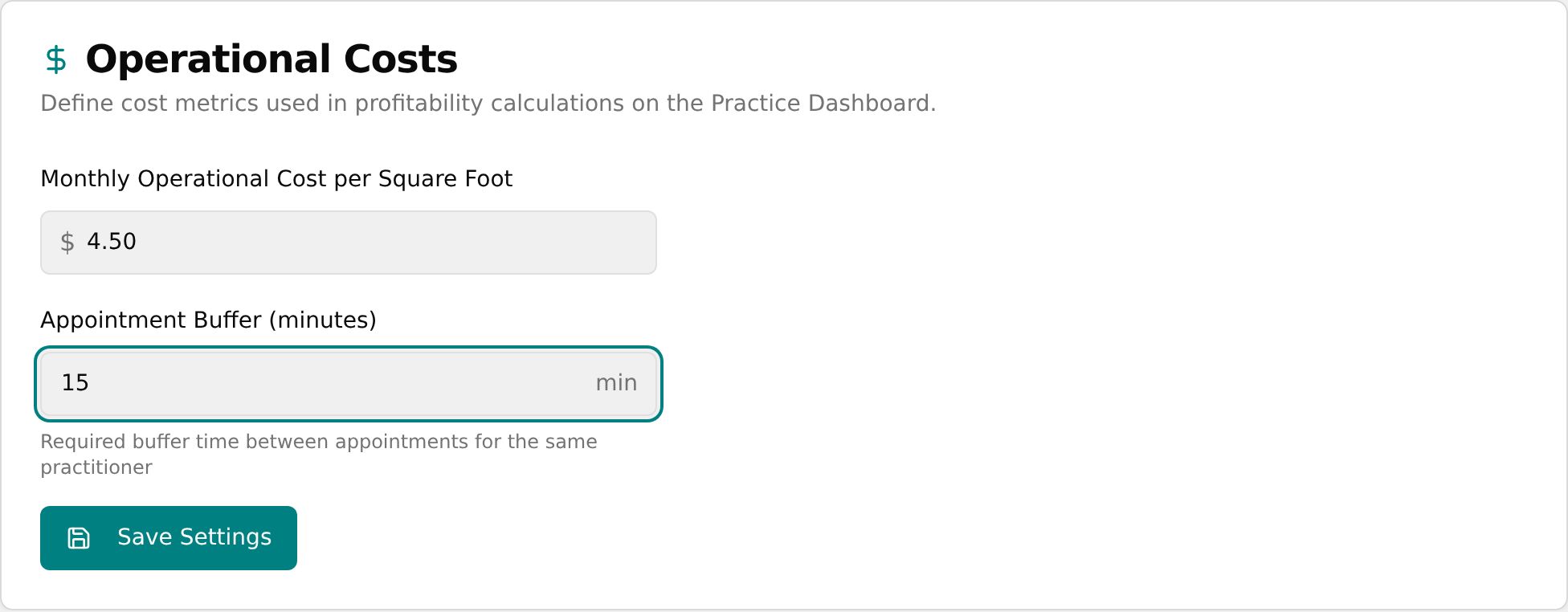 Operational Costs form with both fields filled in