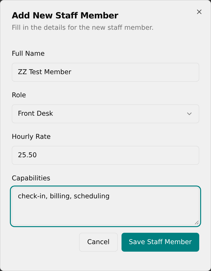 Filled-in Add New Staff Member dialog