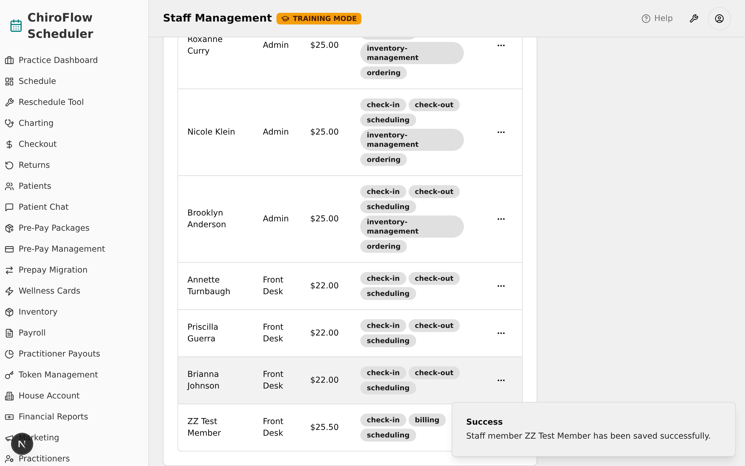 Staff Profiles table with new row and success toast