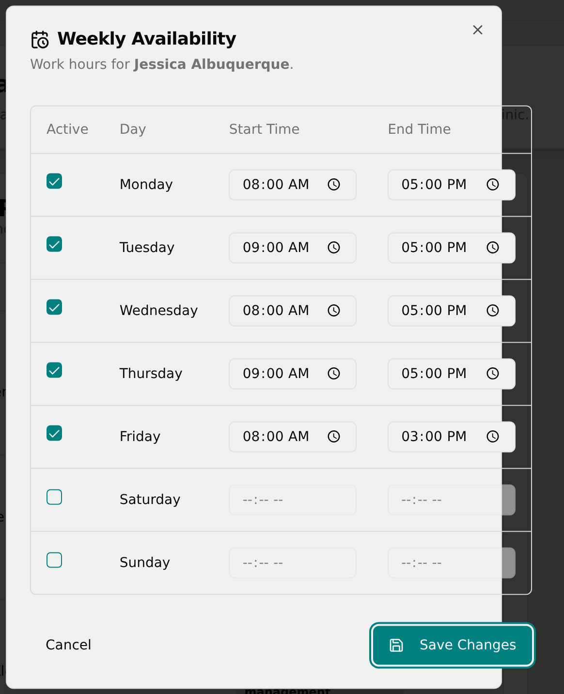 Weekly Availability table in edit mode with Active checkboxes and time fields