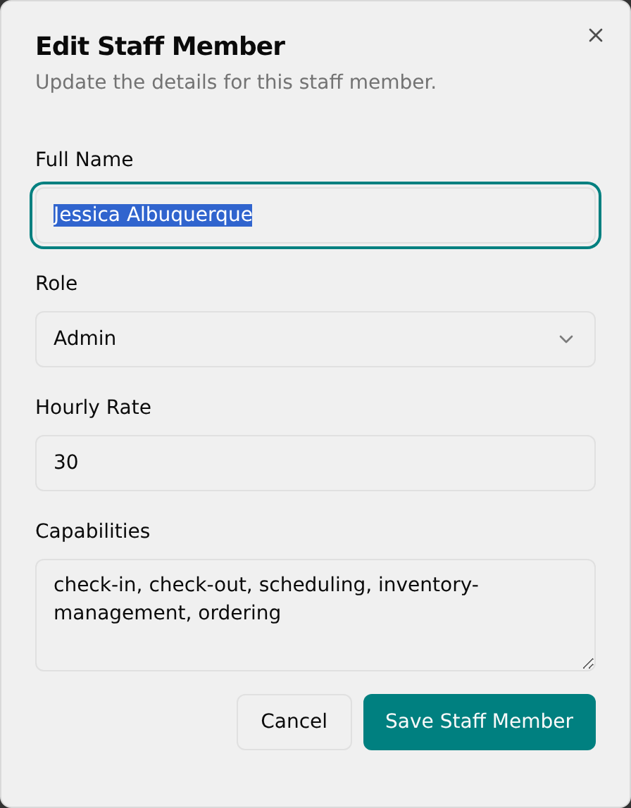 Edit Staff Member dialog with existing details loaded