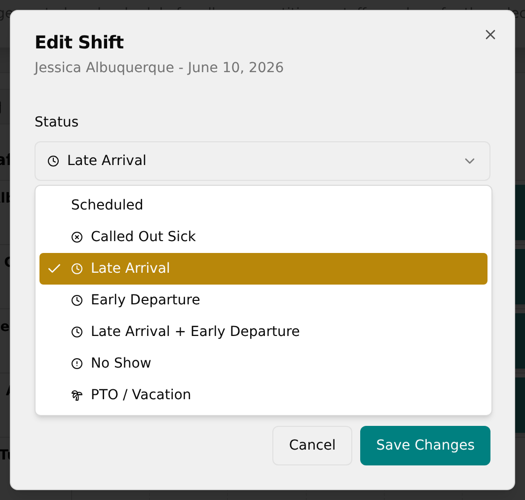 Edit Shift dialog with Status dropdown, time fields, and Notes