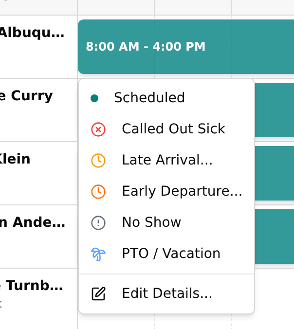 Open shift dropdown menu with status options