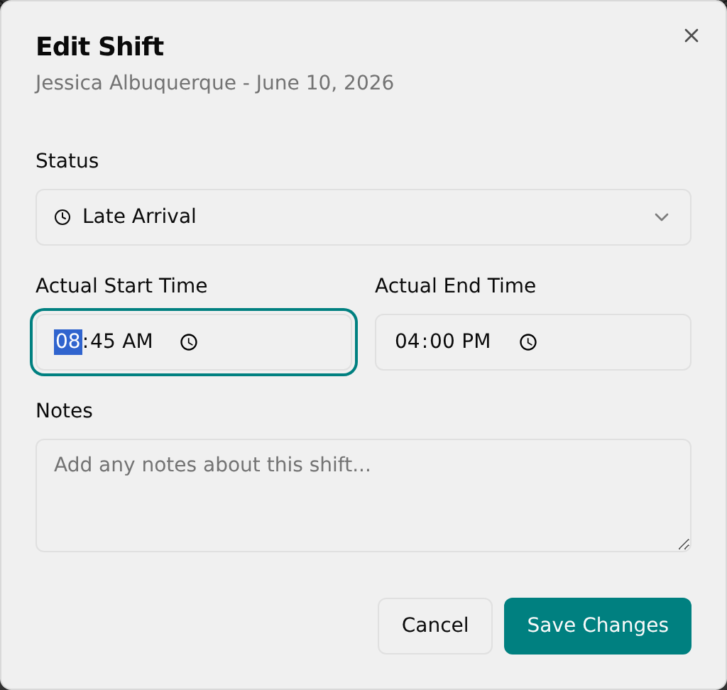 Edit Shift dialog with Actual Start Time filled in