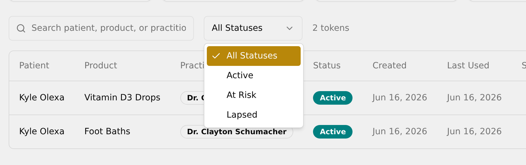Status dropdown open showing the four status options