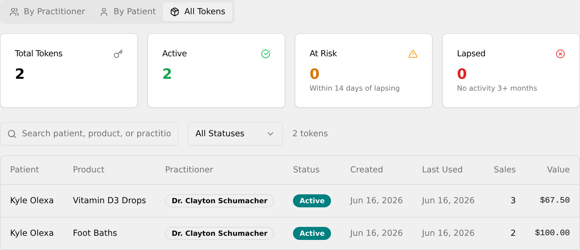 The three view tabs with All Tokens selected