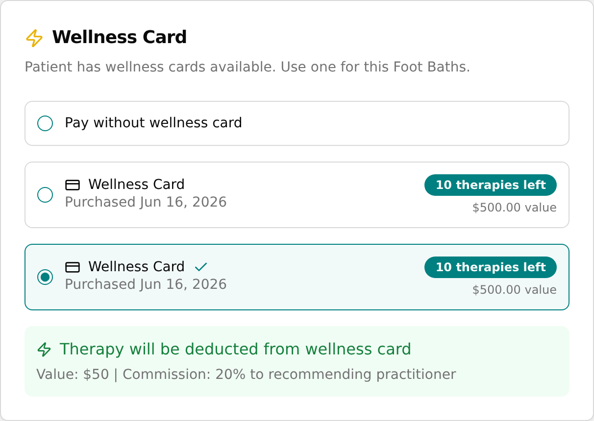 Wellness Card selector inside the checkout dialog with a card selected