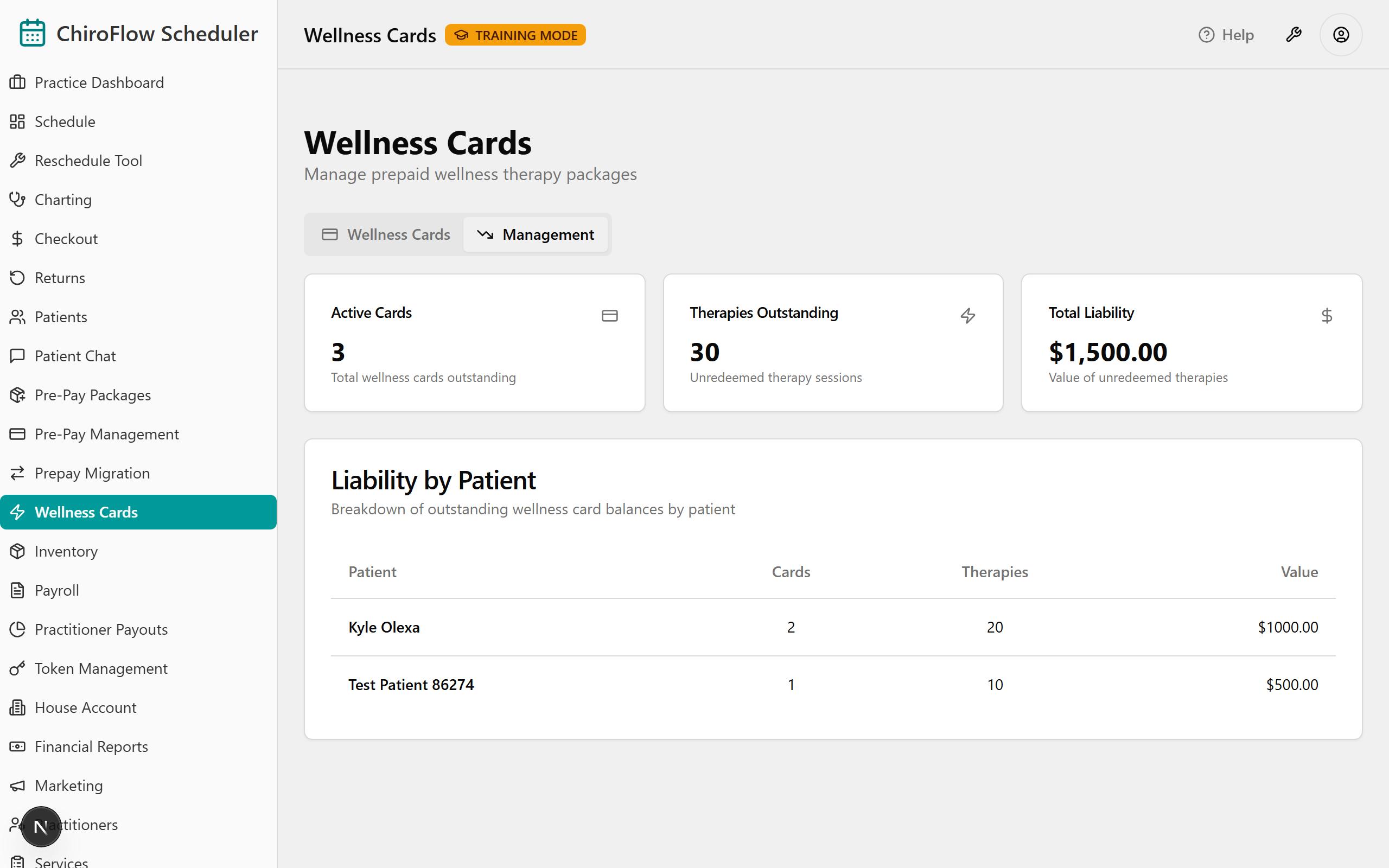 The Management tab with the three summary tiles and the Liability by Patient table.