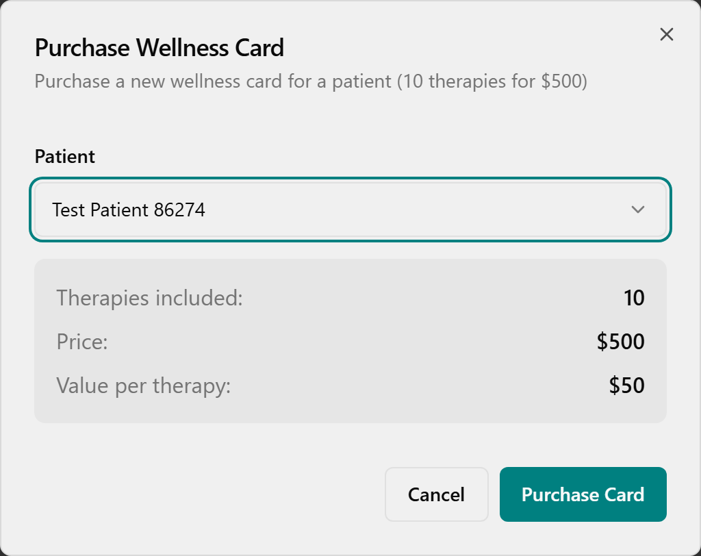The Purchase Wellness Card dialog with a patient selected and the fixed 10 / $500 / $50 summary box.