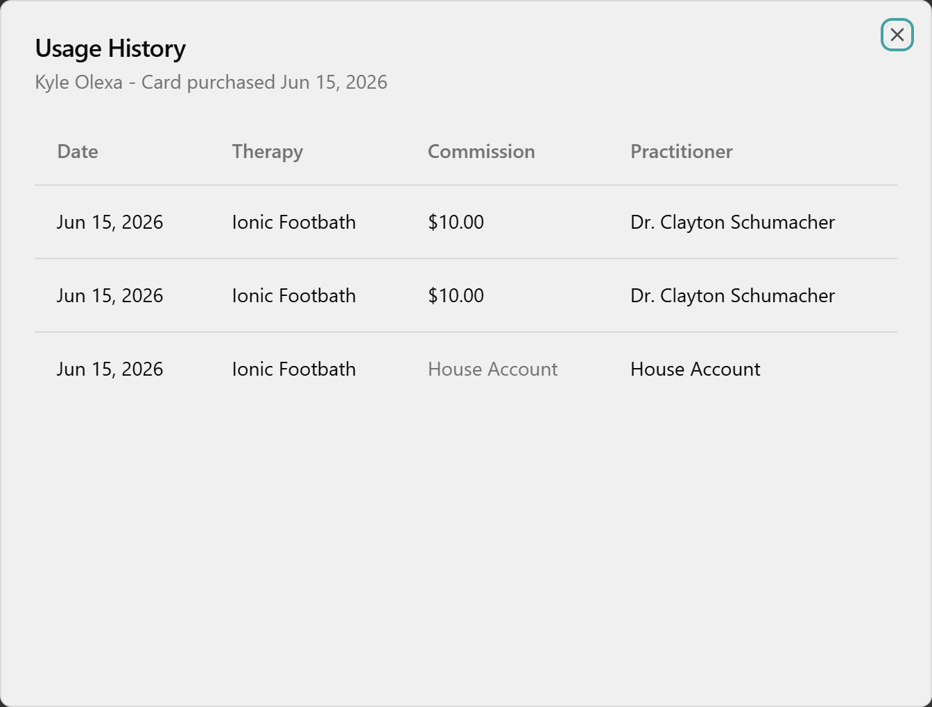 The Usage History dialog listing redemption rows with Date, Therapy, Commission, and Practitioner.